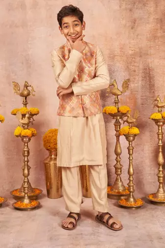Zari Handloom Chanderi Jacket And Beige Kurta Pajama Set