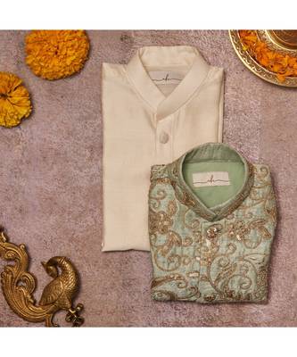 Raw Silk Sequins And Dori Work Jacket With Kurta Pajama  1