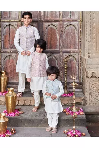 Raw Silk Sequins And Dori Work Jacket With Kurta Pajama 