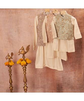 Raw Silk Sequins And Dori Work Jacket With Kurta Pajama  5