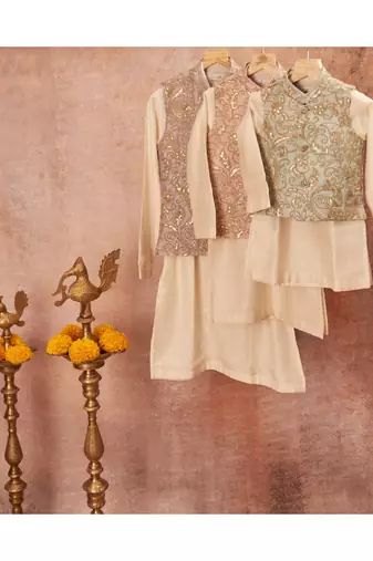 Raw Silk Sequins And Dori Work Jacket With Kurta Pajama 