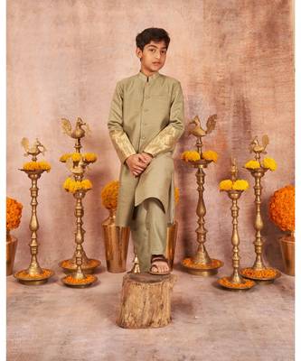 Moonga Silk Achkan With Zari Banarsi Jaal Sleeves And Pajama Set 1
