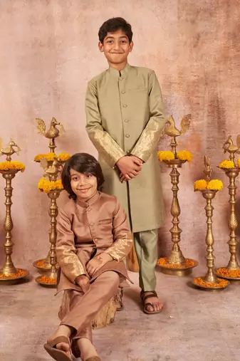 Moonga Silk Achkan With Zari Banarsi Jaal Sleeves And Pajama Set