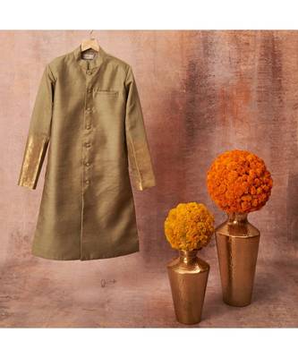 Moonga Silk Achkan With Zari Banarsi Jaal Sleeves And Pajama Set 7