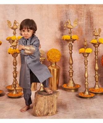 Moonga Silk Achkan With Zari Banarsi Jaal Sleeves And Pajama Set 1