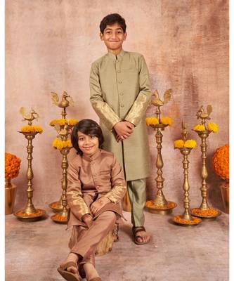 Moonga Silk Achkan With Zari Banarsi Jaal Sleeves And Pajama Set 1