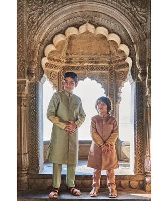 Moonga Silk Achkan With Zari Banarsi Jaal Sleeves And Pajama Set 2