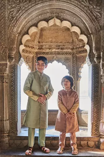 Moonga Silk Achkan With Zari Banarsi Jaal Sleeves And Pajama Set