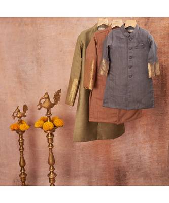 Moonga Silk Achkan With Zari Banarsi Jaal Sleeves And Pajama Set 6