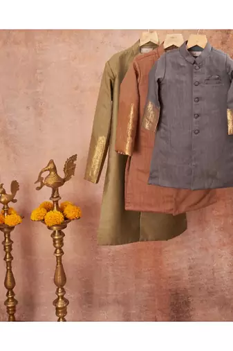 Moonga Silk Achkan With Zari Banarsi Jaal Sleeves And Pajama Set