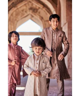 Thread Sequins Work Slub Silk Front Open Achkan With Matching Kurta Pajama Set 1