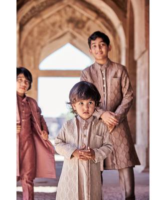 Thread Sequins Work Slub Silk Front Open Achkan With Matching Kurta Pajama Set 2