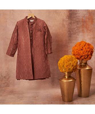 Thread Sequins Work Slub Silk Front Open Achkan With Matching Kurta Pajama Set 1