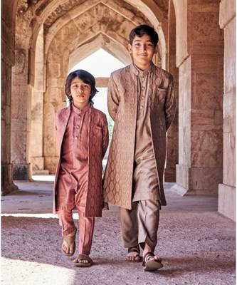 Thread Sequins Work Slub Silk Front Open Achkan With Matching Kurta Pajama Set 2