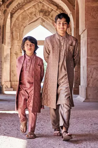 Thread Sequins Work Slub Silk Front Open Achkan With Matching Kurta Pajama Set