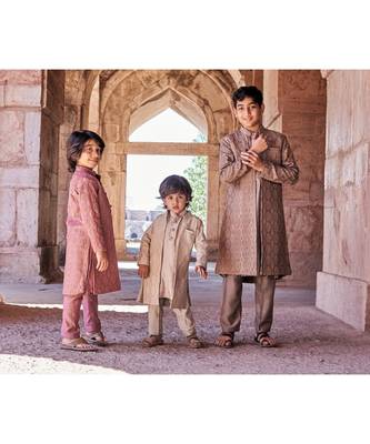 Thread Sequins Work Slub Silk Front Open Achkan With Matching Kurta Pajama Set 3