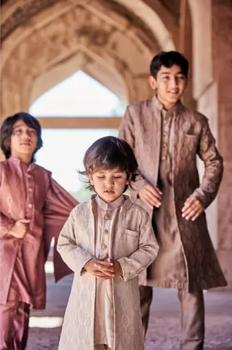 Thread Sequins Work Slub Silk Front Open Achkan With Matching Kurta Pajama Set