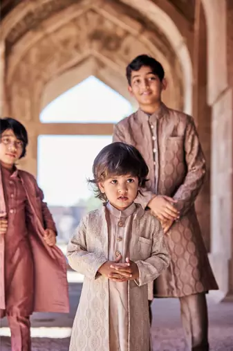 Thread Sequins Work Slub Silk Front Open Achkan With Matching Kurta Pajama Set