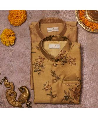 Handloom Pinted Tussar Silk Jacket With Matching Kurta Pajama Set 1