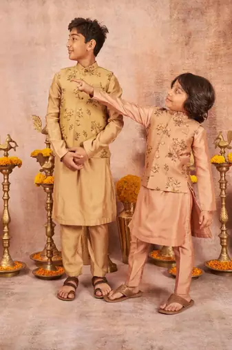Handloom Pinted Tussar Silk Jacket With Matching Kurta Pajama Set