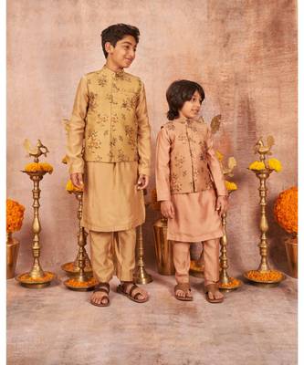 Handloom Pinted Tussar Silk Jacket With Matching Kurta Pajama Set 3