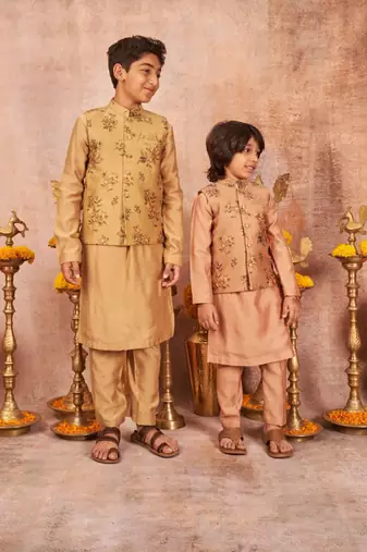 Handloom Pinted Tussar Silk Jacket With Matching Kurta Pajama Set