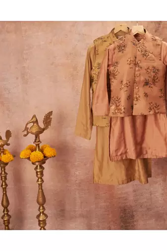 Handloom Pinted Tussar Silk Jacket With Matching Kurta Pajama Set