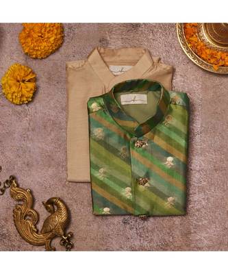 Moonga Silk Zari Work Jacket And  Kurta Pajama Set 1