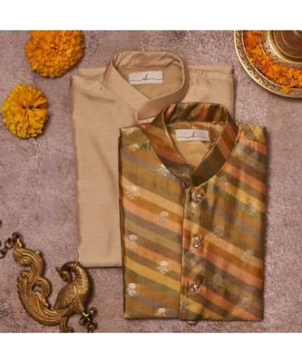 Moonga Silk Zari Work Jacket And  Kurta Pajama Set 1