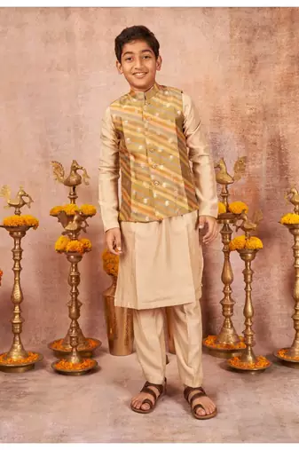 Moonga Silk Zari Work Jacket And  Kurta Pajama Set