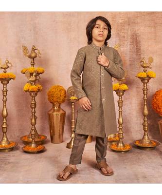 Thread Sequins Work Slub Silk Achkan And Bottom Set 1