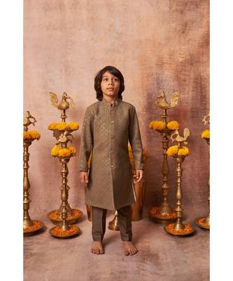 Thread Sequins Work Slub Silk Achkan And Bottom Set 3