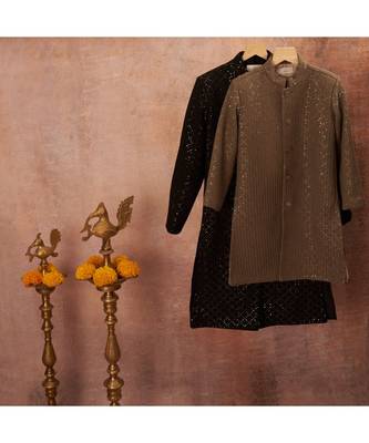 Thread Sequins Work Slub Silk Achkan And Bottom Set 7