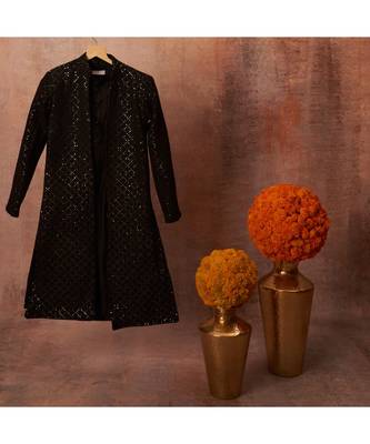 Thread Sequins Work Slub Silk Front Open Achkan And Kurta Pajama Set 1