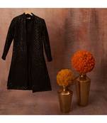 Thread Sequins Work Slub Silk Front Open Achkan And Kurta Pajama Set