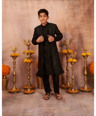 Thread Sequins Work Slub Silk Front Open Achkan And Kurta Pajama Set 2