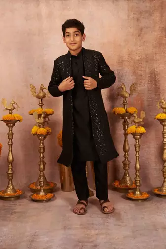 Thread Sequins Work Slub Silk Front Open Achkan And Kurta Pajama Set
