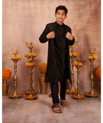 Thread Sequins Work Slub Silk Front Open Achkan And Kurta Pajama Set 3