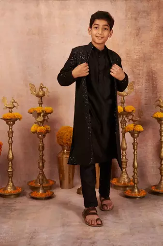Thread Sequins Work Slub Silk Front Open Achkan And Kurta Pajama Set