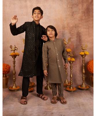 Thread Sequins Work Slub Silk Front Open Achkan And Kurta Pajama Set 4