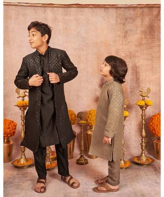 Thread Sequins Work Slub Silk Front Open Achkan And Kurta Pajama Set 5