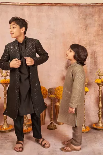 Thread Sequins Work Slub Silk Front Open Achkan And Kurta Pajama Set