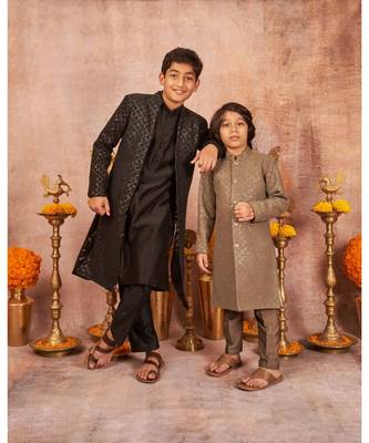 Thread Sequins Work Slub Silk Front Open Achkan And Kurta Pajama Set 6