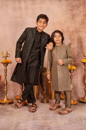 Thread Sequins Work Slub Silk Front Open Achkan And Kurta Pajama Set