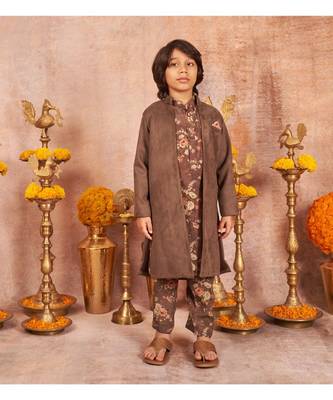 Suede Front Open Achkan With Floral Print Kurta Pajama Set 1