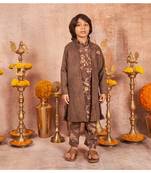 Suede Front Open Achkan With Floral Print Kurta Pajama Set