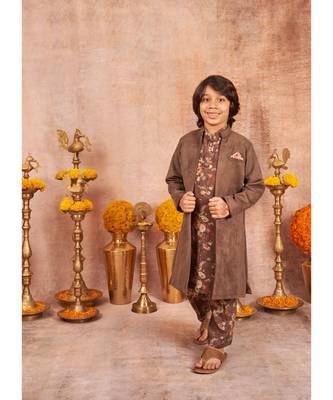 Suede Front Open Achkan With Floral Print Kurta Pajama Set 2