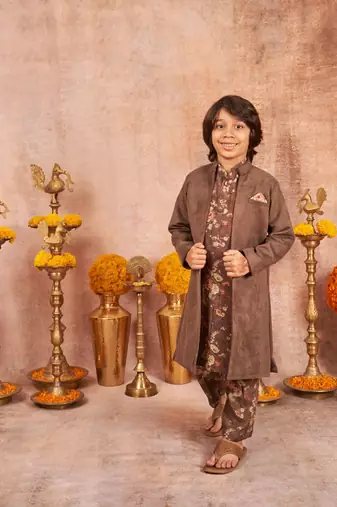 Suede Front Open Achkan With Floral Print Kurta Pajama Set
