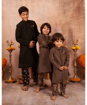 Suede Front Open Achkan With Floral Print Kurta Pajama Set 3