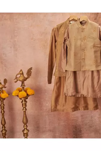 Moonga Zari Work Jacket With Matching Kurta Pajama Set